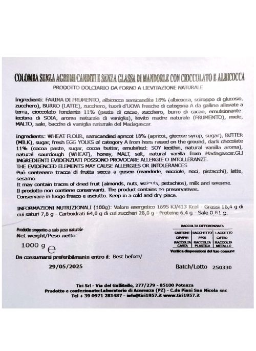 Colomba Cioccolato e Albicocca Tiri 