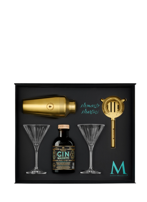 Confezione Momento Martini Gin Black con 2 Coppe Martini, 1 Boston, e 1 Strainer Dora