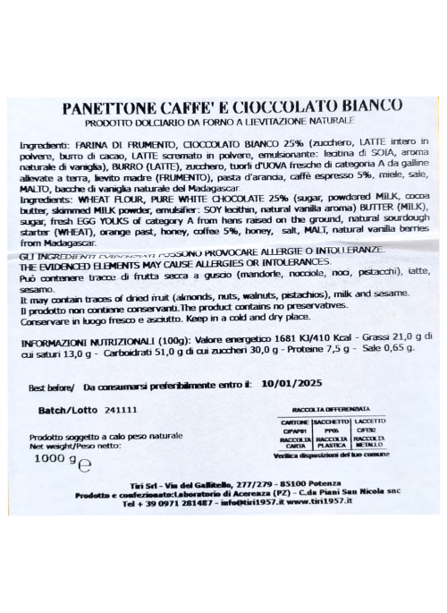 Panettone Caffè e Cioccolato Bianco Tiri NV
